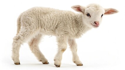 Fototapeta premium A cute young lamb stands in a green grassy field on a rural farm with its mother sheep
