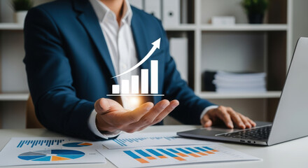 Business professional presenting growth chart with upward trend. Financial success visualized with bar graph overlay. Corporate executive analyzing data in office.