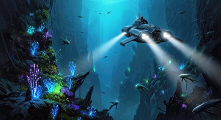 Futuristic Deep-Sea Submarine Alien Trench Exploration: Sci-Fi Dystopian Concept