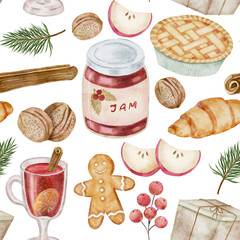 A seamless digital watercolor pattern combining a hot drink, jam, baked goods (pie, croissant), and winter picnic elements.