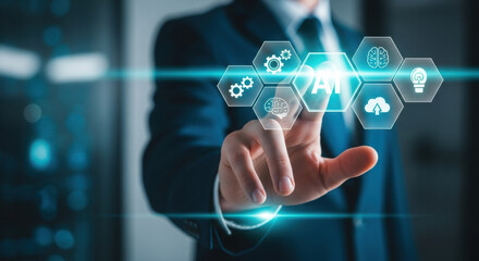 Futuristic AI technology interface with glowing hexagon grid. Hand interacting with artificial intelligence digital panel. Modern tech innovation with AI concept overlay.