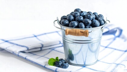 Metal bucket brimming with blueberries rests on a checkered cloth