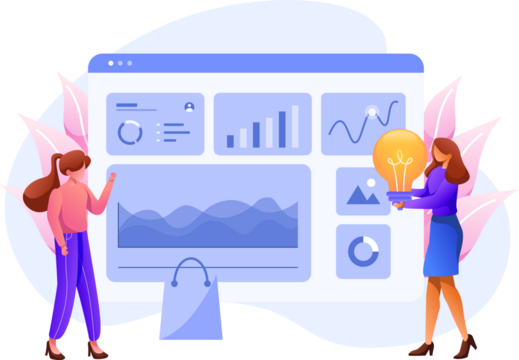 Two Women Collaborating on Digital Marketing Interface with Data Charts and Lightbulb on Transparent Background Illustration