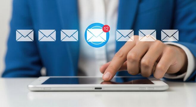 Business person checking unread emails on tablet with notification badge. Professional managing inbox with highlighted email icon. Digital communication with email notification overlay.