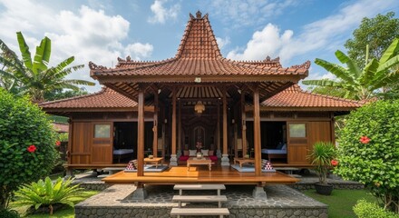 Fototapeta premium Stunning Traditional Indonesian Wooden Villa with Intricate Carvings and Lush Tropical Garden under a Blue Sky