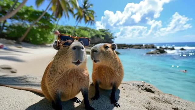 Selfie photo of cute funny capybaras couples in sunglasses relaxing on beach under palm trees near sea. Advertising holidays in seaside resort, hotel. 