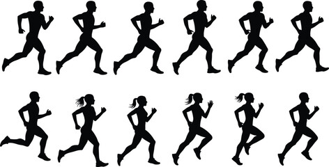 Running silhouettes collection, male female jogging vector, fitness training artwork, marathon sports illustration, healthy exercise lifestyle design, athlete motion activity shape