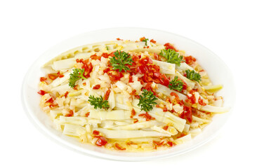 Stir-Fried Bamboo Shoots with Garlic and Chili Peppers - Traditional Asian Vegetarian Dish on White Background