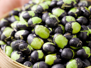 Fresh Green Mung Beans with Black Hulls in Wooden Basket - Healthy Legume Ingredient