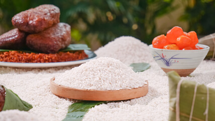 Glutinous rice flour and traditional sticky rice cakes with Asian cooking ingredients