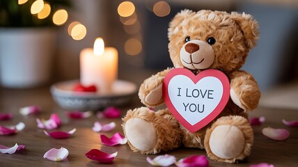 Sweet teddy bear holding a heart with the words I love you for romantic concepts