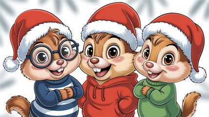 Three animated chipmunks wearing santa hats for christmas celebration