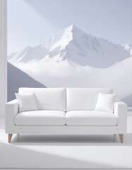 Minimalist white sofa against a snowy mountain backdrop