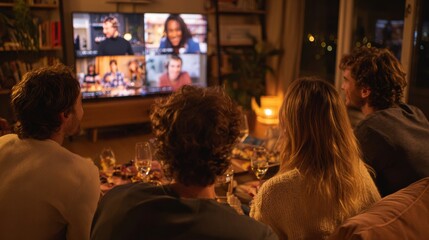 A group of diverse young adults watching a video call on a large TV. They are seated together in a cozy living room with snacks and drinks.