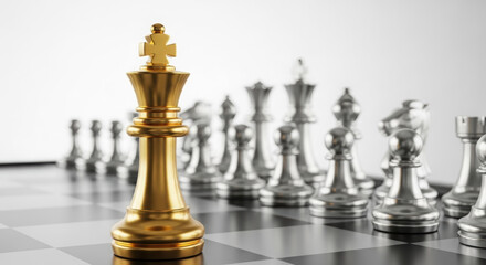 Golden king chess piece dominating the board. Elegant chess strategy with metallic pieces. High-resolution chessboard with golden king focus.