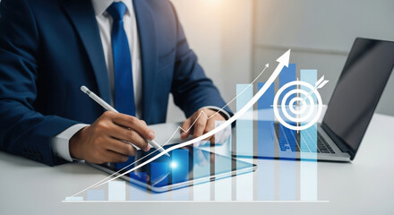Business professional analyzing data on tablet. Digital growth chart overlay in office. Executive using stylus with futuristic graphics.