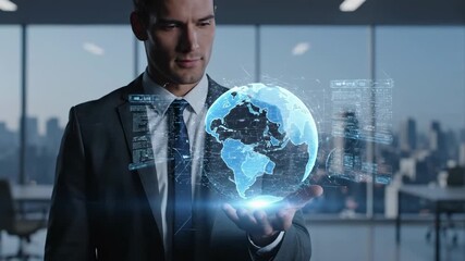 Businessman Holding Global Network - A businessman in a suit holds a glowing digital globe in his hand, representing global business and technology. - Powered by Adobe