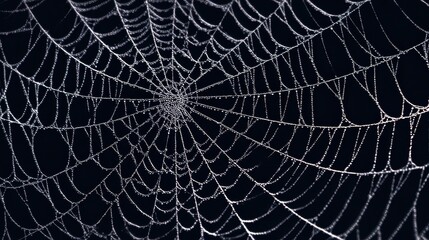 Detailed close-up of a spider web covered in tiny dew droplets on black
