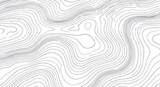 Flowing abstract topographic map background with wavy grey contour lines representing stylized terrain relief and elevation