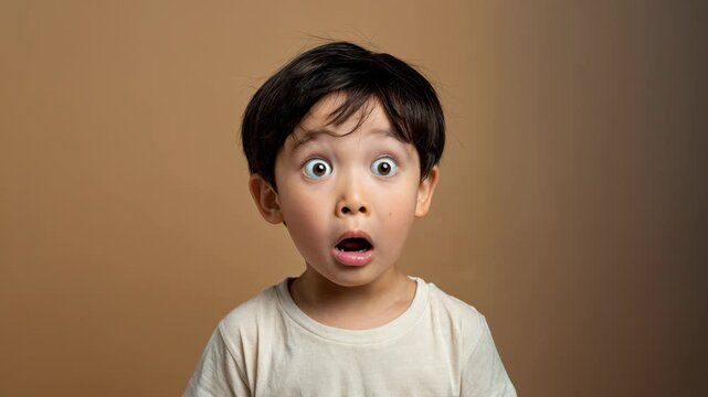 Adorable boy gasps in amazement on warm beige backdrop, crisp lighting and shallow depth of field emphasizing human reaction, discovery and viral meme energy for attention‑grabbing creative projects.