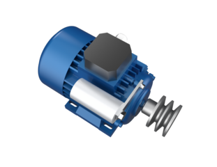 Powerful Blue Industrial Electric Motor Assembly with Capacitor Start and V-Belt Pulley System. Ideal for Heavy Industry, Power Transmission, and Mechanical Engineering Designs. Transparent Background