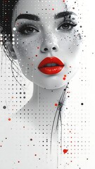 Monochrome portrait of a woman with red lips, adorned with a subtle halftone pattern