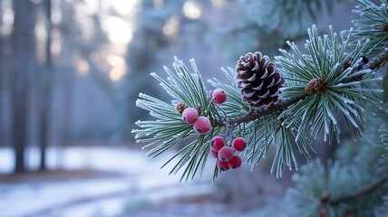 Frost kissed pine branch with berries and cone, winter nature beauty
