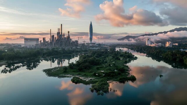 Sustainable city masterplan hugs a river delta with forests and transit, blending nature and infrastructure to illustrate climate resilience, smart growth and future‑ready urban living.