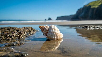 Striking seashell rests on wet sand with ocean waves and cliffs in background