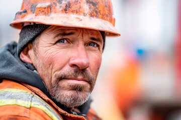 A weathered construction worker in an orange helmet, close-up portrait showing grit, focus, and resilience amid dusty, industrial surroundings.