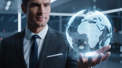 Businessman Holding Global Network - A businessman in a suit holds a glowing digital globe in his hand, symbolizing global business, technology, and connection. - Powered by Adobe