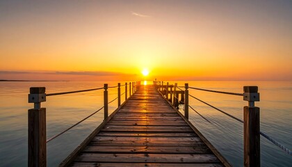Obraz premium Wooden Pier Extending into a Golden Ocean Sunset.