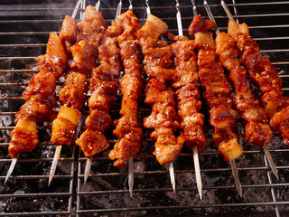Grilled Pork Skewers on BBQ Grill - Delicious Street Food Market Barbecue