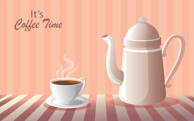 It's coffee time concept. coffee cup and teapot. Kitchen utensil for tea or coffee. vector, illustration