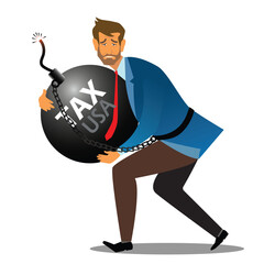 Trade war concept. Businessman holding a tax usa bomb. Big problem. Solve all trouble. Crisis management. Problem solving.vector illustration.