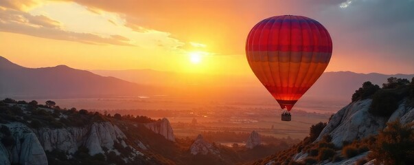 A vibrant hot air balloon floats serenely against a breathtaking sunrise, casting long shadows across a picturesque landscape Perfect for travel, adventure, and freedom concepts , view, elevation