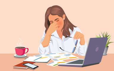businesswoman are stressed and tired from work. She was holding glasses at a white desk with a laptop in the office. Isolated on a pastel pink background.. vector, illustration