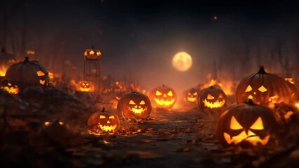 Spooky Halloween night scene with glowing jack-o'-lanterns in a pumpkin patch under a full moon - Powered by Adobe