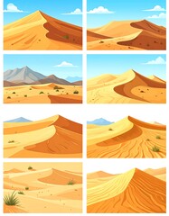 Nine illustrations of desert dunes under a bright blue sky