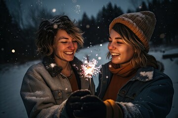 Couple holding glow sticks outdoors sparkler winter.