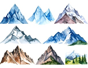 Nine watercolor mountain range illustrations, varying in color and snow coverage, plus a smaller mountain scene with trees