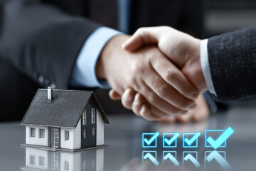 Business handshake in a modern office setting featuring a realistic miniature house model and glowing blue four checklist icons, symbolizing a successful residential property agreement.