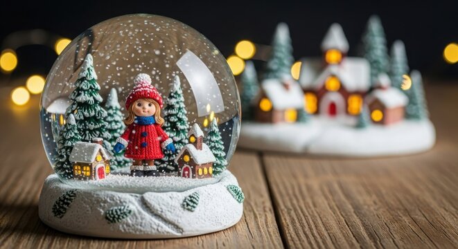 A snow globe with a girl in a red hat and a house in the background
