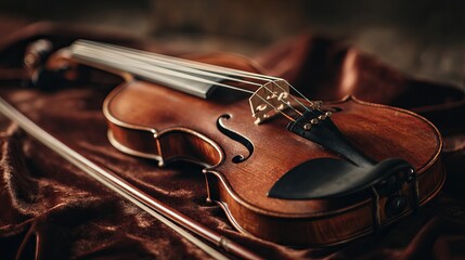Fototapeta premium A beautifully crafted wooden violin resting on a rich, textured fabric, highlighting its elegant curves and intricate details.