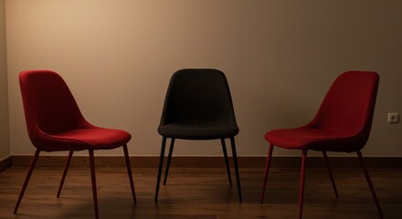 Three modern chairs of different colors are positioned in a room against a neutral wall.