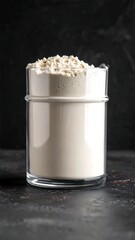 Off-white powder in a clear glass jar on a dark surface
