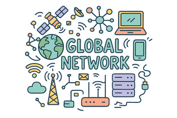 Colorful Global Network Doodle. Global Network. Hand-drawn doodle illustration of Global Network. Earth globe,