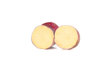 Fresh Sweet Potato Slices Cut in Half Showing Yellow Flesh on White Background