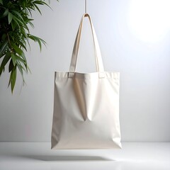 Off-white tote bag, subtly creased, hangs against a minimalist backdrop