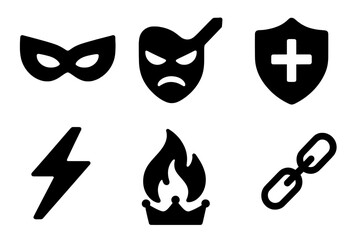 Heroes vs Villains Icons. Heroes and villains. Filled icon set of Heroes and villains: superhero mask, villain